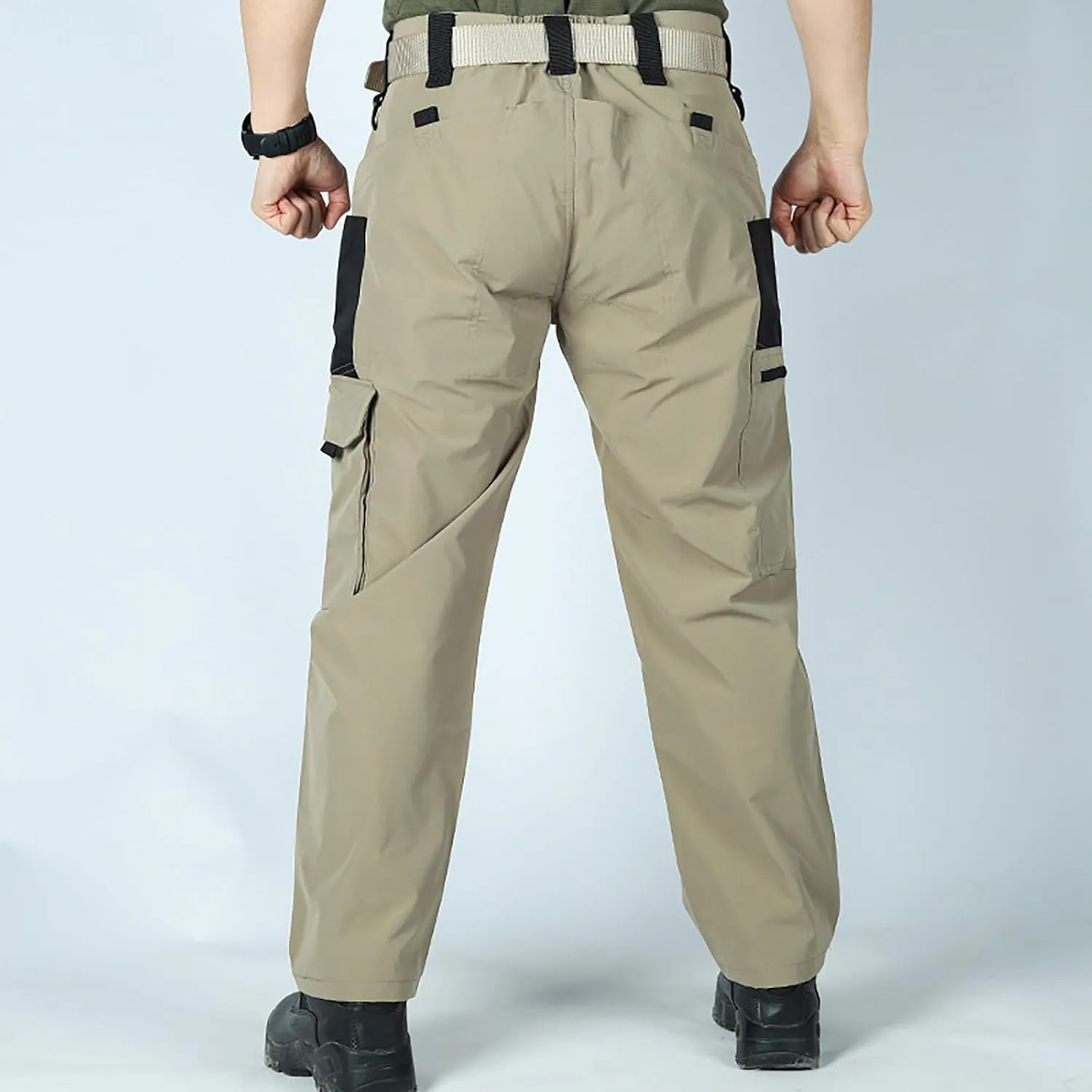 Men's Outdoor Cargo Pants Utility Elastic Waist Pockets Zipper Relaxed Fit Tactical Pants Stretch Jogging Sweatpants
