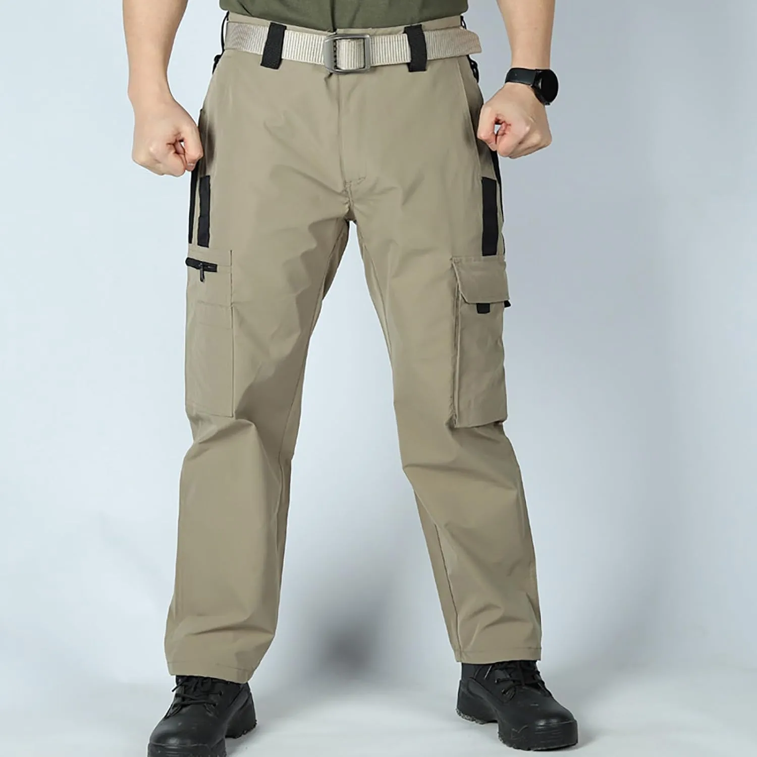 Men's Outdoor Cargo Pants Utility Elastic Waist Pockets Zipper Relaxed Fit Tactical Pants Stretch Jogging Sweatpants