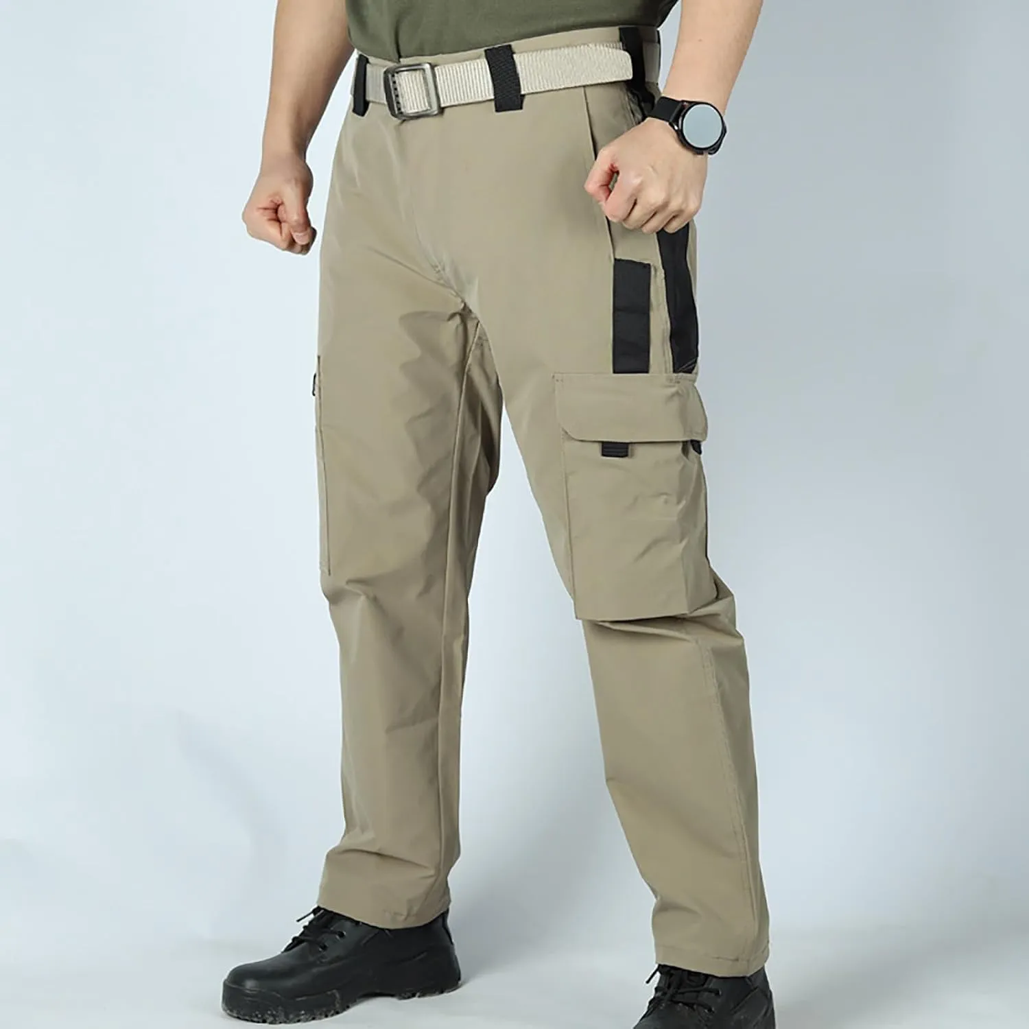 Men's Outdoor Cargo Pants Utility Elastic Waist Pockets Zipper Relaxed Fit Tactical Pants Stretch Jogging Sweatpants