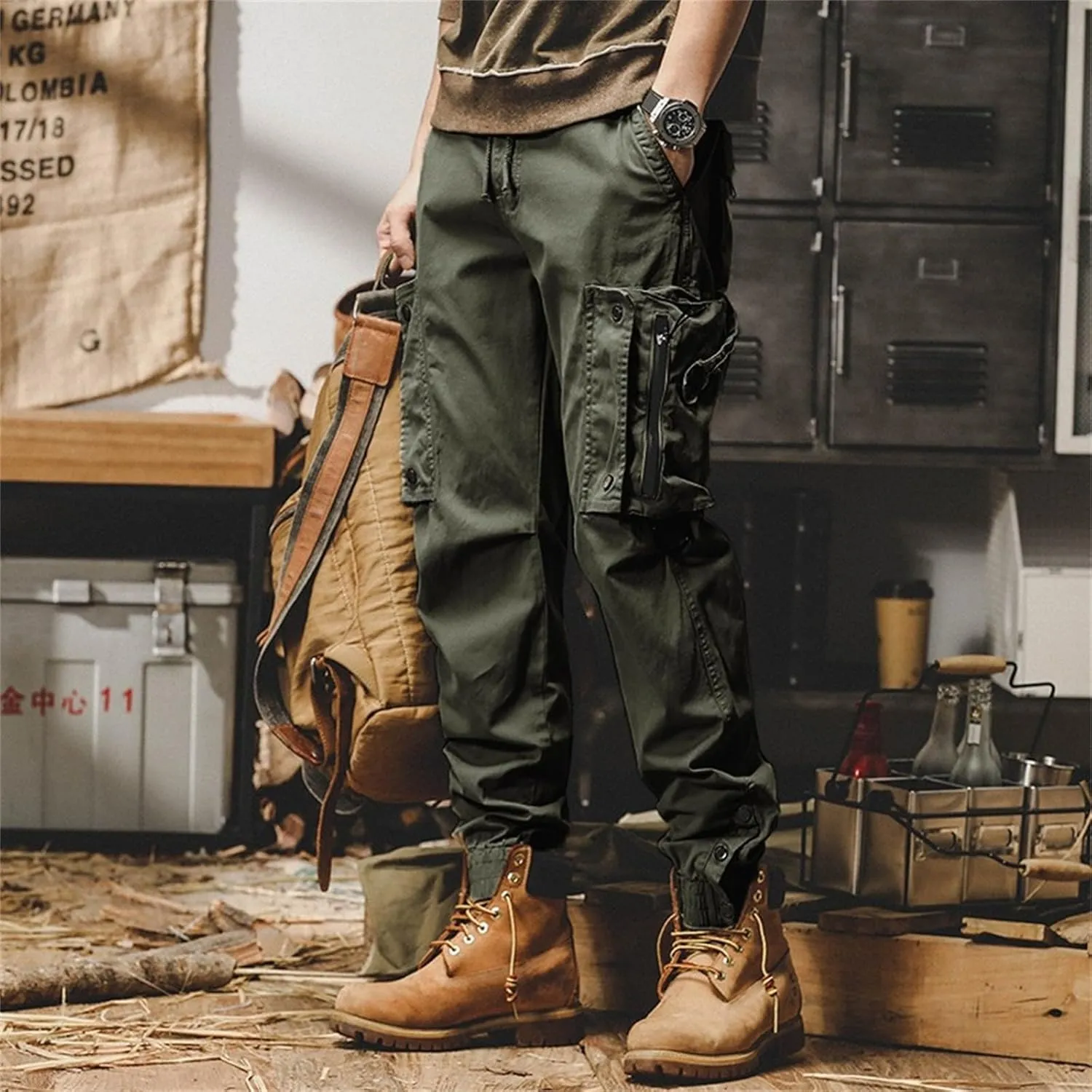 Men's Work Cargo Pants Utility Elastic Waist Pockets Quick Dry Loose Fit Tactical Pants Stretch Jogging Sweatpants