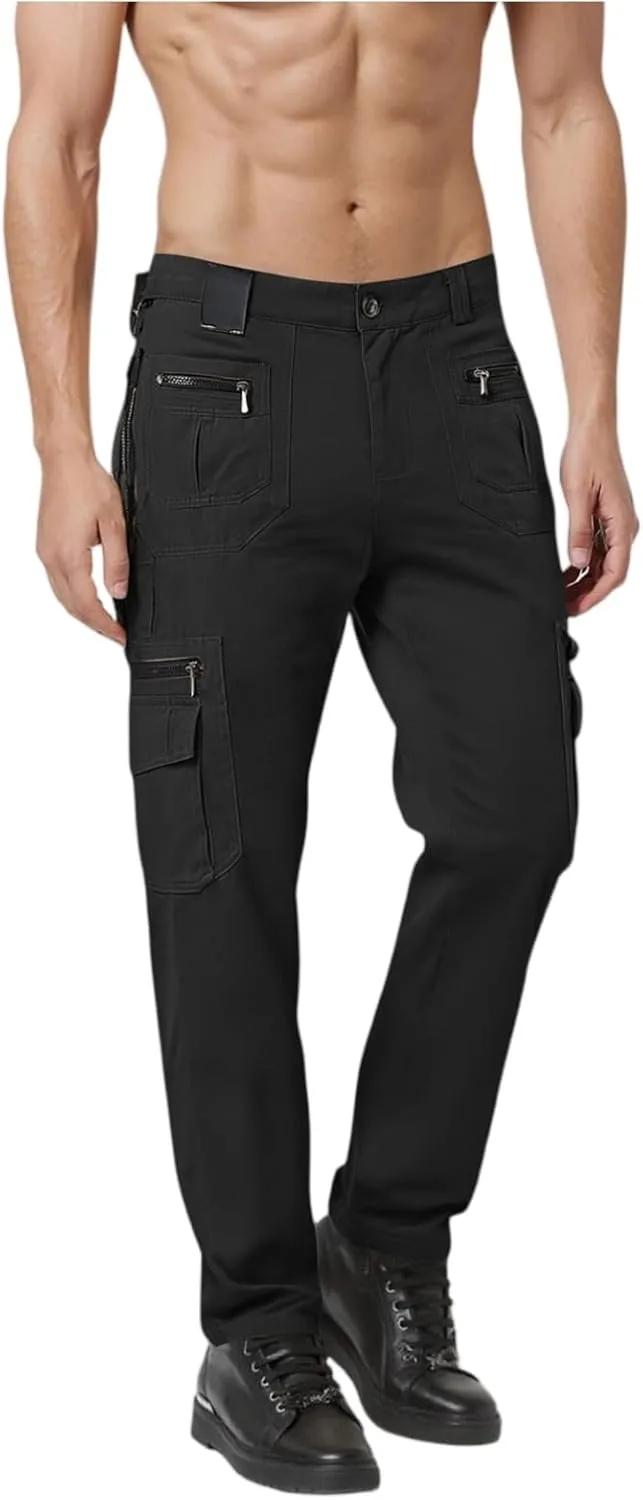 Men's Work Cargo Pants Utility Elastic Waist Pockets Zipper Lightweight Tactical Pants Stretch Jogging Sweatpants