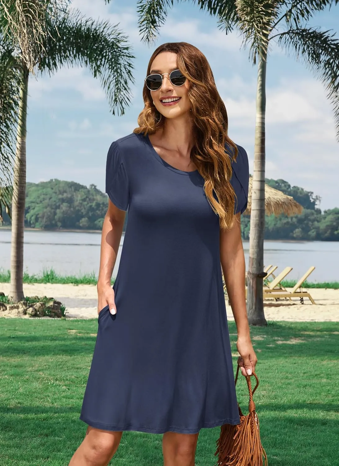 MOLERANI Summer Dresses for Women 2024 Casual T Shirt Crewneck Petal Sleeve Swing Vacation Dress with Pockets