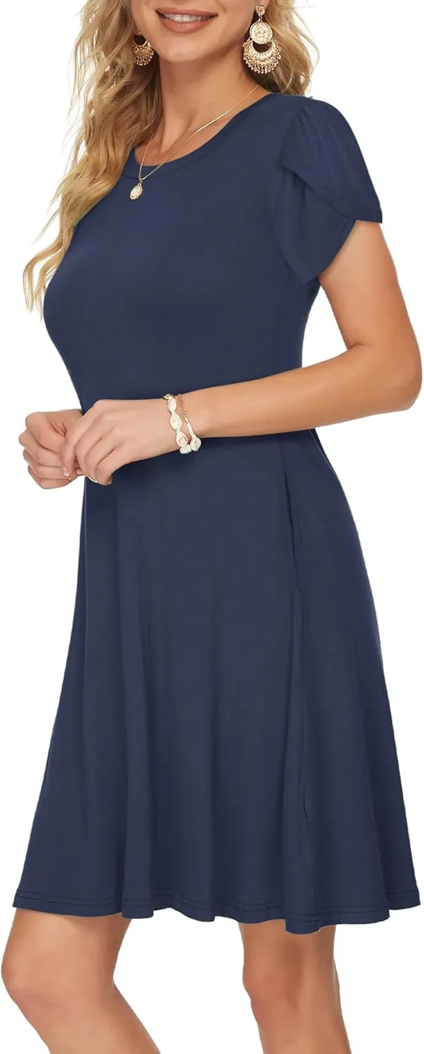 MOLERANI Summer Dresses for Women 2024 Casual T Shirt Crewneck Petal Sleeve Swing Vacation Dress with Pockets