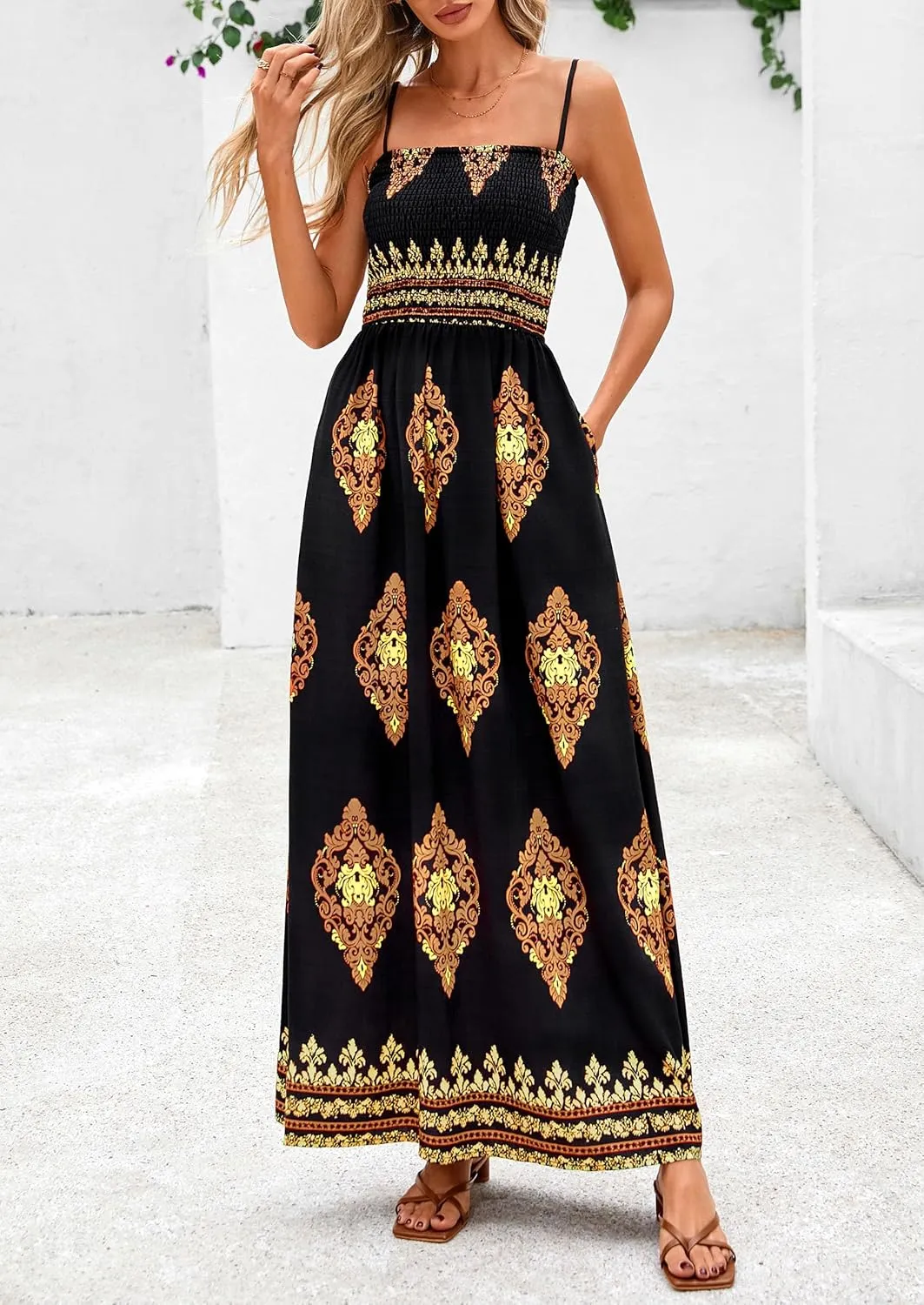 PRETTYGARDEN Summer Dress for Women 2025 Floral Sundress Spaghetti Strap Flowy Beach Vacation Boho Maxi Dresses