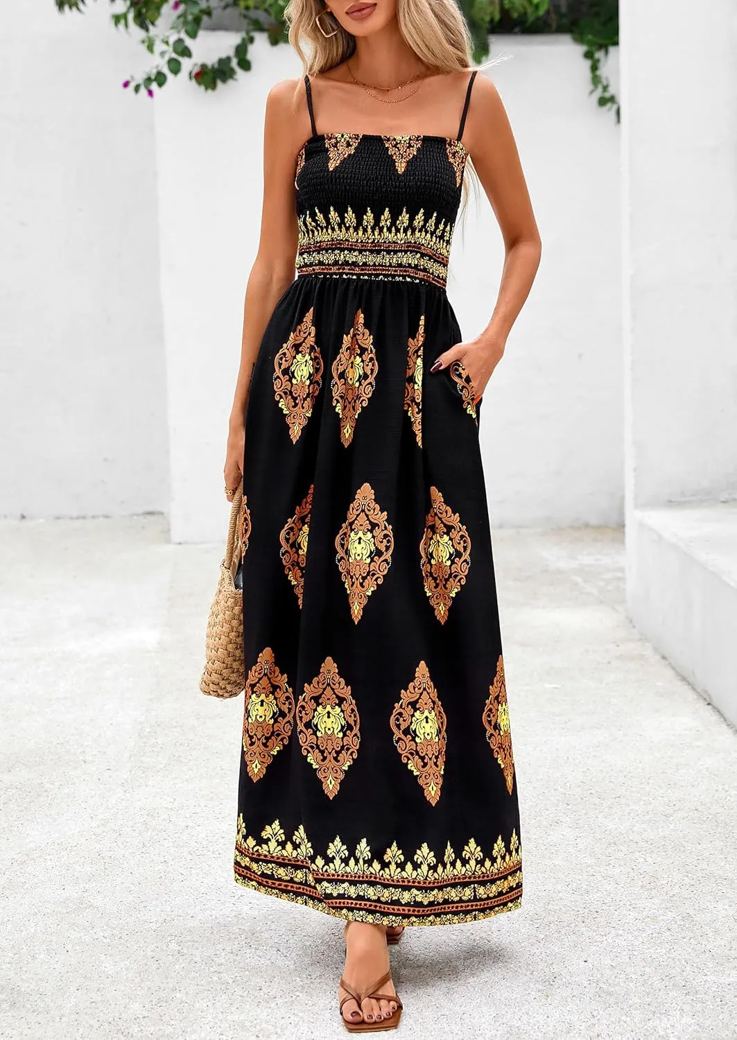 PRETTYGARDEN Summer Dress for Women 2025 Floral Sundress Spaghetti Strap Flowy Beach Vacation Boho Maxi Dresses