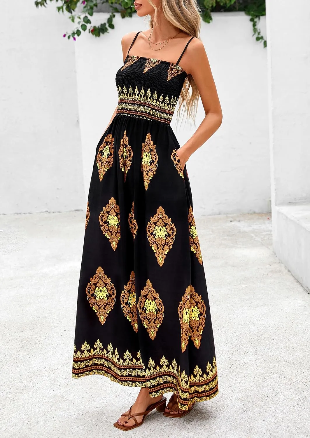 PRETTYGARDEN Summer Dress for Women 2025 Floral Sundress Spaghetti Strap Flowy Beach Vacation Boho Maxi Dresses