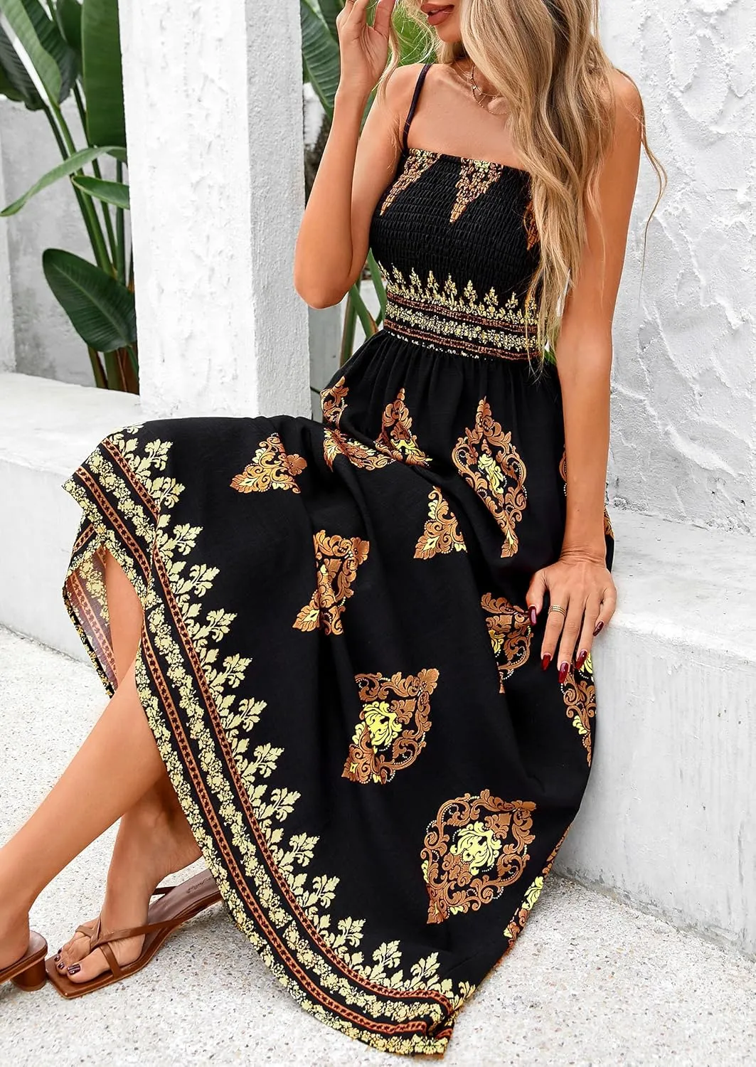PRETTYGARDEN Summer Dress for Women 2025 Floral Sundress Spaghetti Strap Flowy Beach Vacation Boho Maxi Dresses