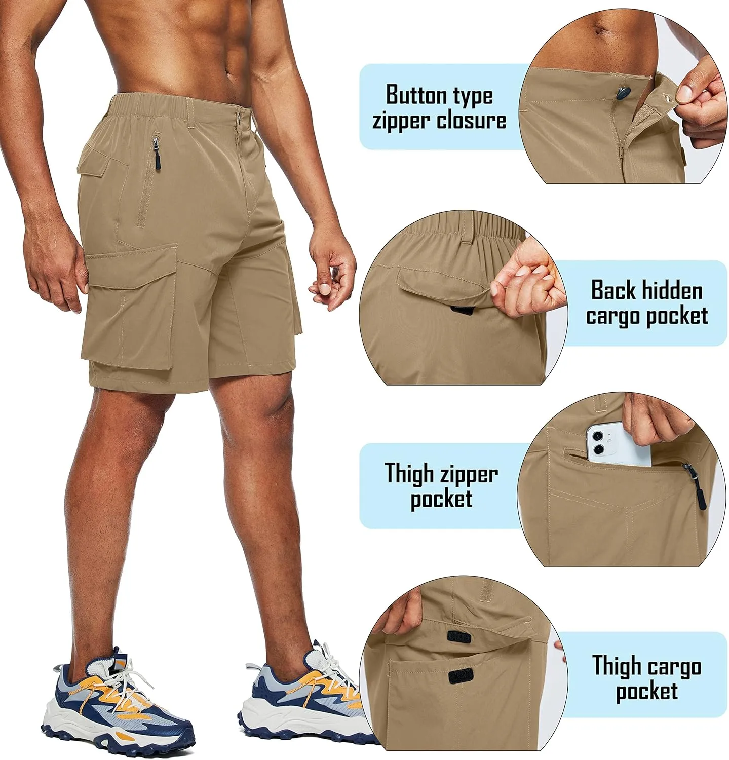Pudolla Men's Hiking Cargo Shorts Quick Dry Outdoor Travel Shorts for Men with Multi Pocket for Fishing Camping Casual