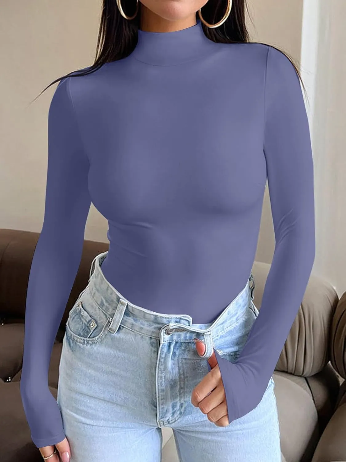 REORIA Women's Long Sleeve Mock Turtle Neck Tops Fall Winter Basic Double Lined Layering Lightweight Slim Fitted Shirts