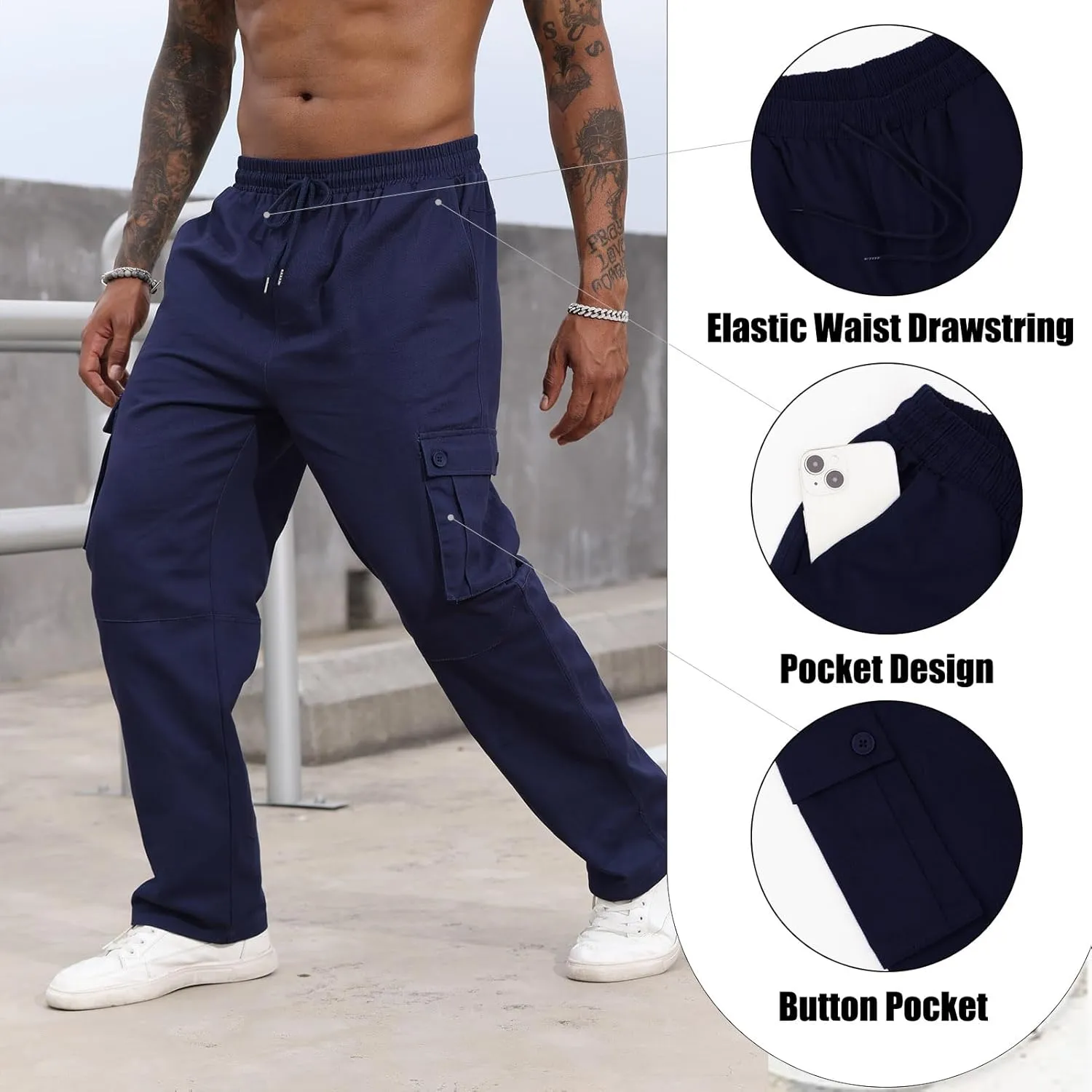 SEGANUP Mens Casual Cargo Pants Joggers Elastic Waist Stretch Drawstring Relaxed Fit Hiking Trousers with Multi Pockets