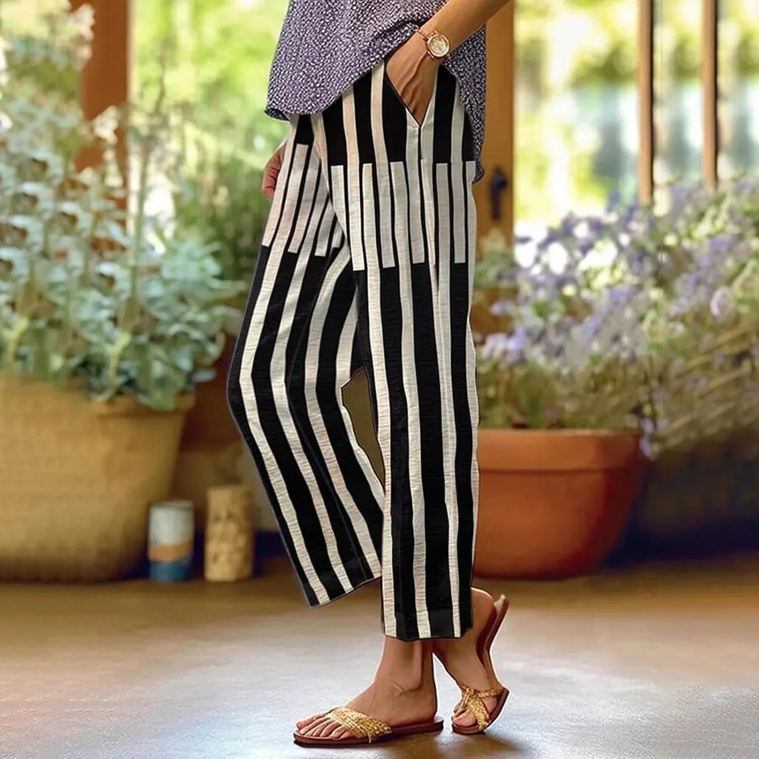 Side Stripe Pants Women for Beach Vacation Clothes for Womens Linen Straight Leg Capri Pants with Pockets