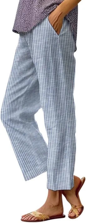 Side Stripe Pants Women for Beach Vacation Clothes for Womens Linen Straight Leg Capri Pants with Pockets