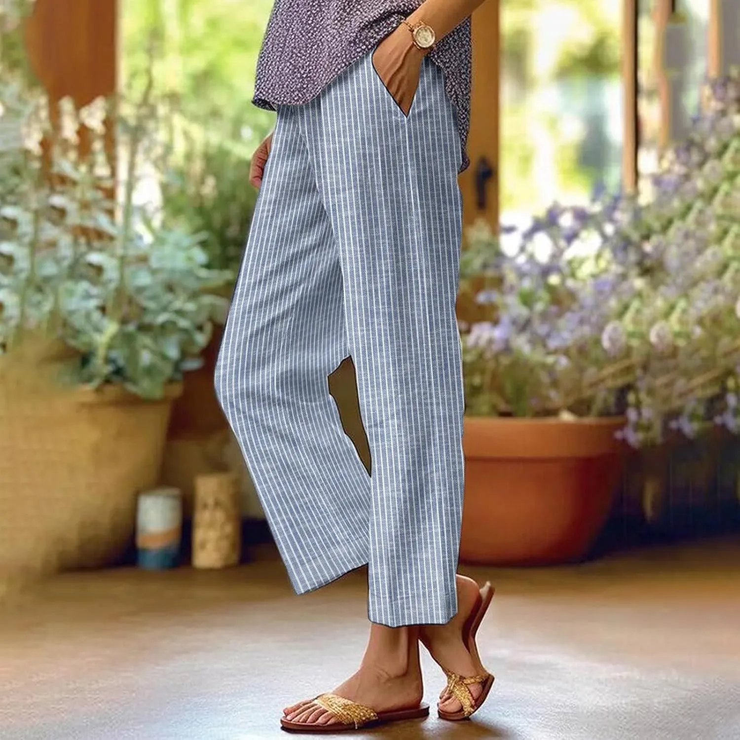 Side Stripe Pants Women for Beach Vacation Clothes for Womens Linen Straight Leg Capri Pants with Pockets