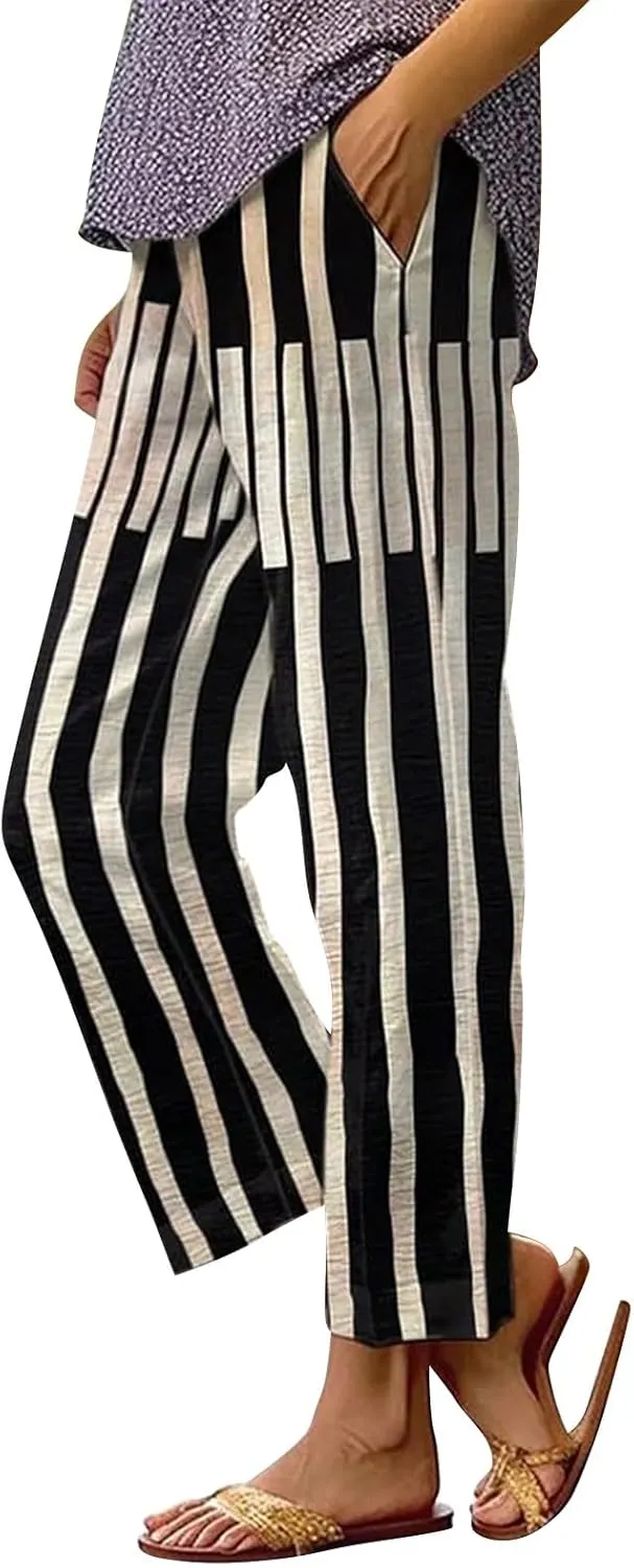 Side Stripe Pants Women for Beach Vacation Clothes for Womens Linen Straight Leg Capri Pants with Pockets