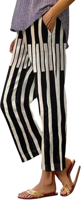 Side Stripe Pants Women for Beach Vacation Clothes for Womens Linen Straight Leg Capri Pants with Pockets