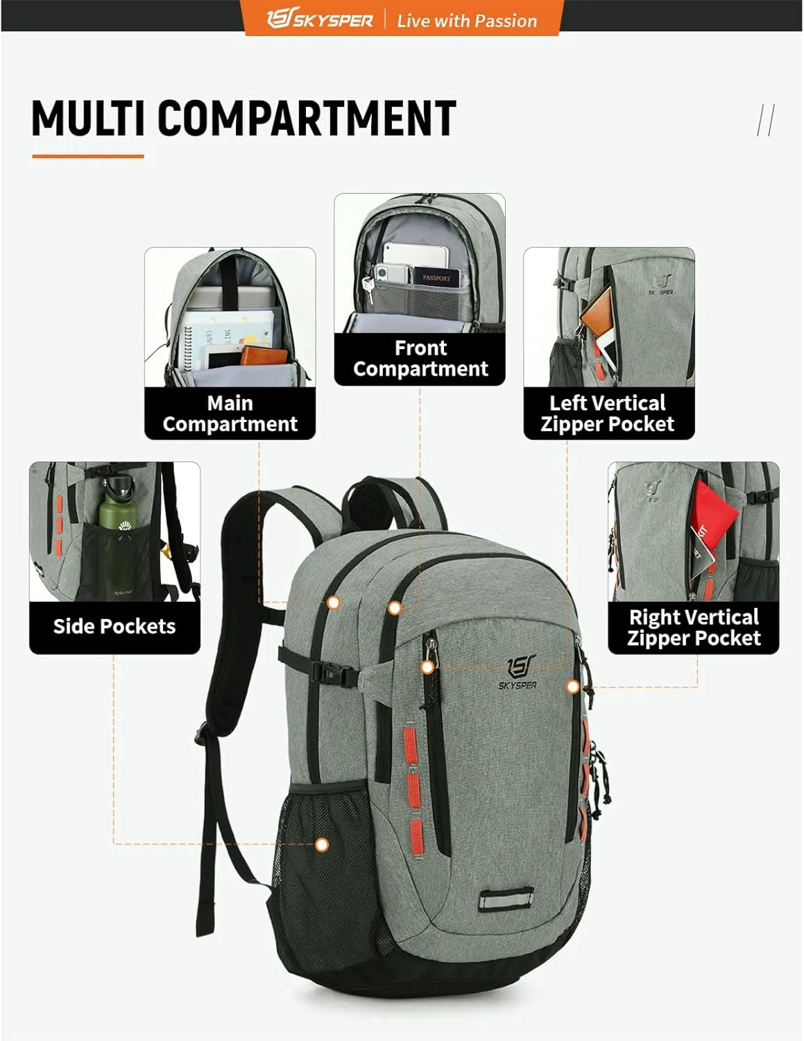 SKYSPER Hiking Backpack 30L Lightweight Travel Backpack Hiking Day Pack for Men Women(Grey)