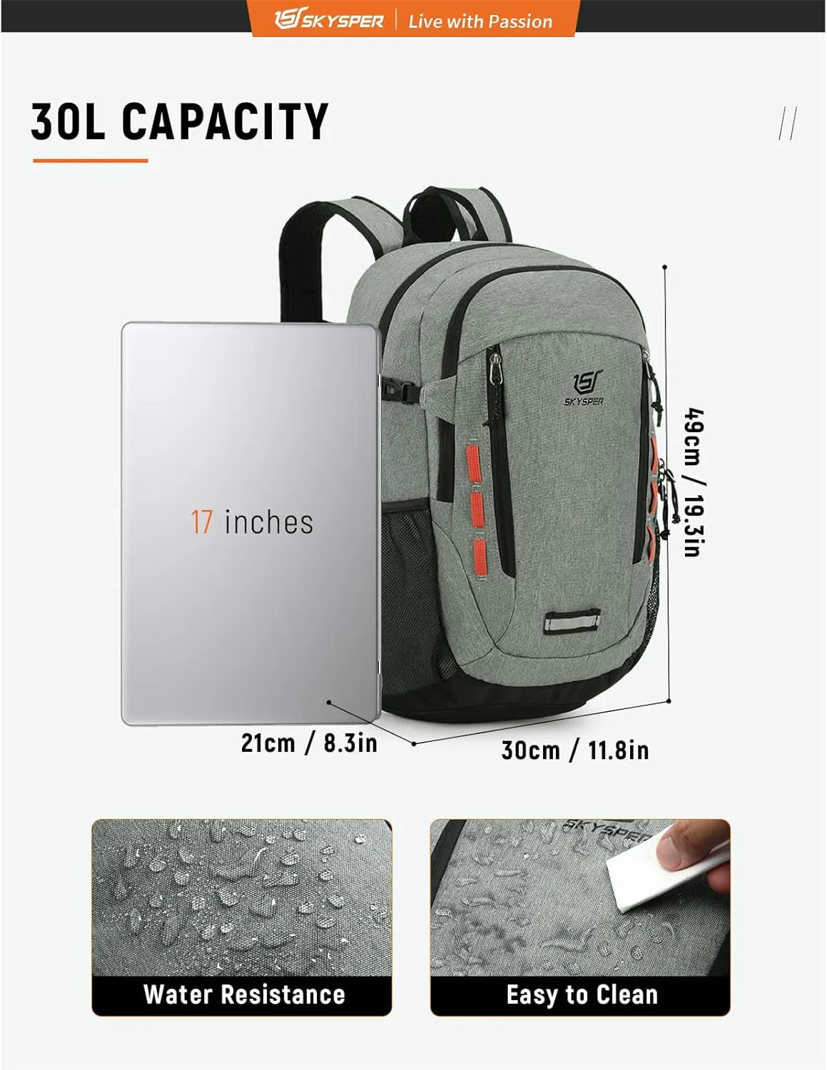 SKYSPER Hiking Backpack 30L Lightweight Travel Backpack Hiking Day Pack for Men Women(Grey)