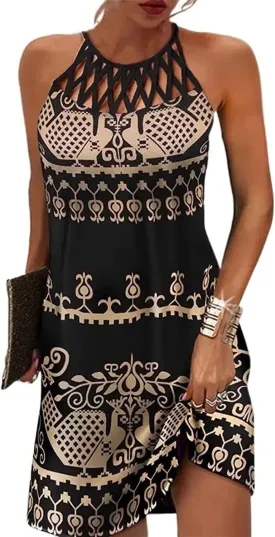 Summer Dresses for Women 2024 Casual Floral Hollow Out Halter Neck A-line Sundresses for Beach Vacation