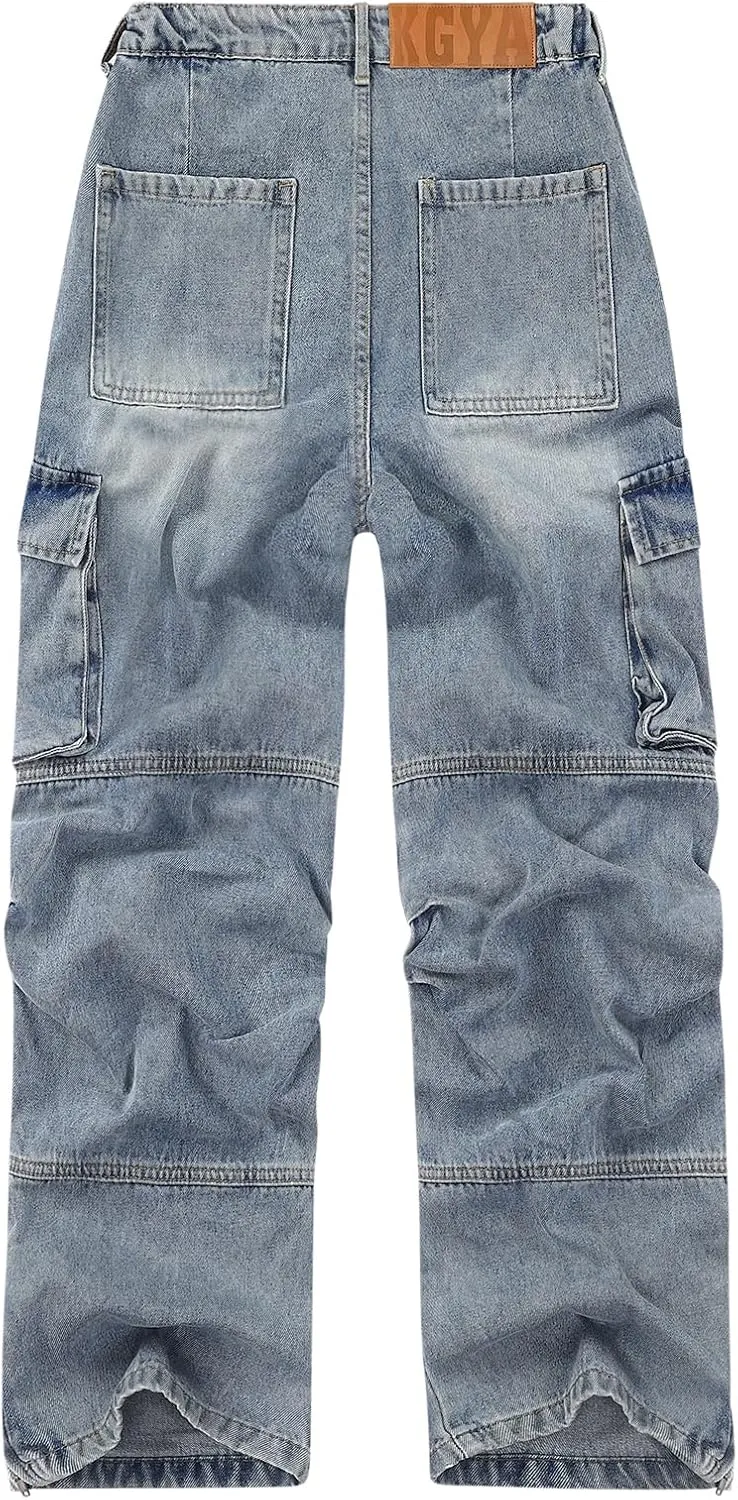 Unisex Camo Cargo Pants, Multi Pockets Raw Edge Oversized Straight Zipper Wide Legs Streetwear for Hip Hop Men Women