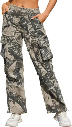 Unisex Camo Cargo Pants, Multi Pockets Raw Edge Oversized Straight Zipper Wide Legs Streetwear for Hip Hop Men Women