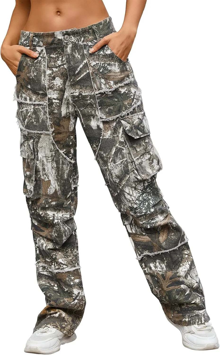 Unisex Camo Cargo Pants, Multi Pockets Raw Edge Oversized Straight Zipper Wide Legs Streetwear for Hip Hop Men Women