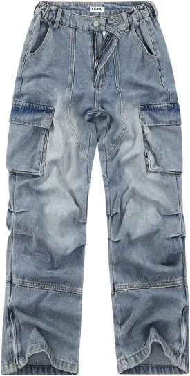 Unisex Camo Cargo Pants, Multi Pockets Raw Edge Oversized Straight Zipper Wide Legs Streetwear for Hip Hop Men Women