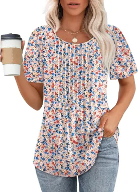 WIHOLL Short Sleeve Shirts for Women Summer Dressy Casual Tops Pleated Front