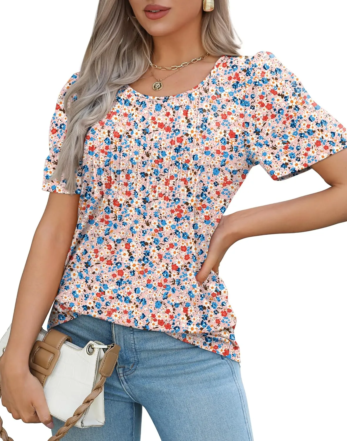 WIHOLL Short Sleeve Shirts for Women Summer Dressy Casual Tops Pleated Front