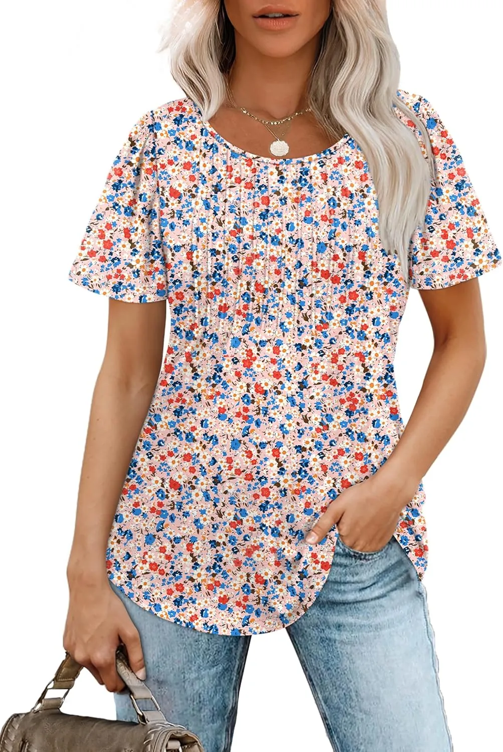 WIHOLL Short Sleeve Shirts for Women Summer Dressy Casual Tops Pleated Front