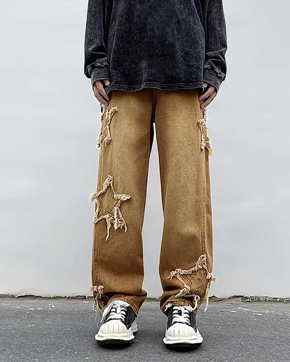 Womens Baggy Jeans High Waisted Star Torn Patch Teen Girls Y2k Grunge Street Straight Leg Denim