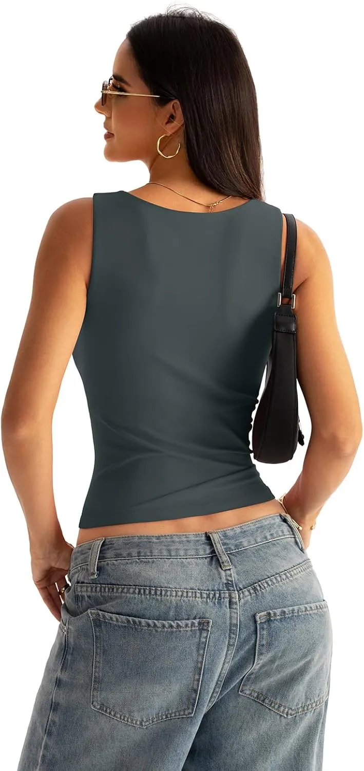 Womens Boat Neck Seamless Tank Tops Sleeveless Double Layering Shirts Basic Going Out Tops Summer Outfits