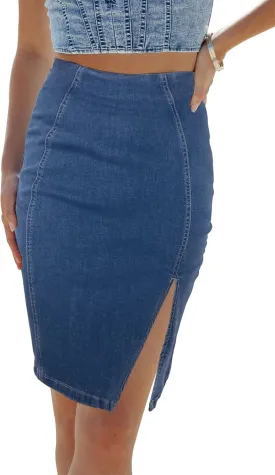 Womens Denim Pencil Skirt High Waisted Knee Length Side Split Hem Stretch Jean Skirts for Women