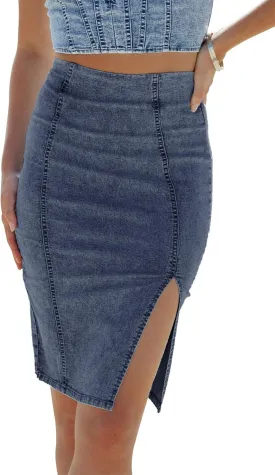 Womens Denim Pencil Skirt High Waisted Knee Length Side Split Hem Stretch Jean Skirts for Women