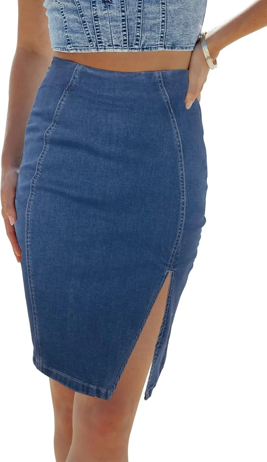 Womens Denim Pencil Skirt High Waisted Knee Length Side Split Hem Stretch Jean Skirts for Women