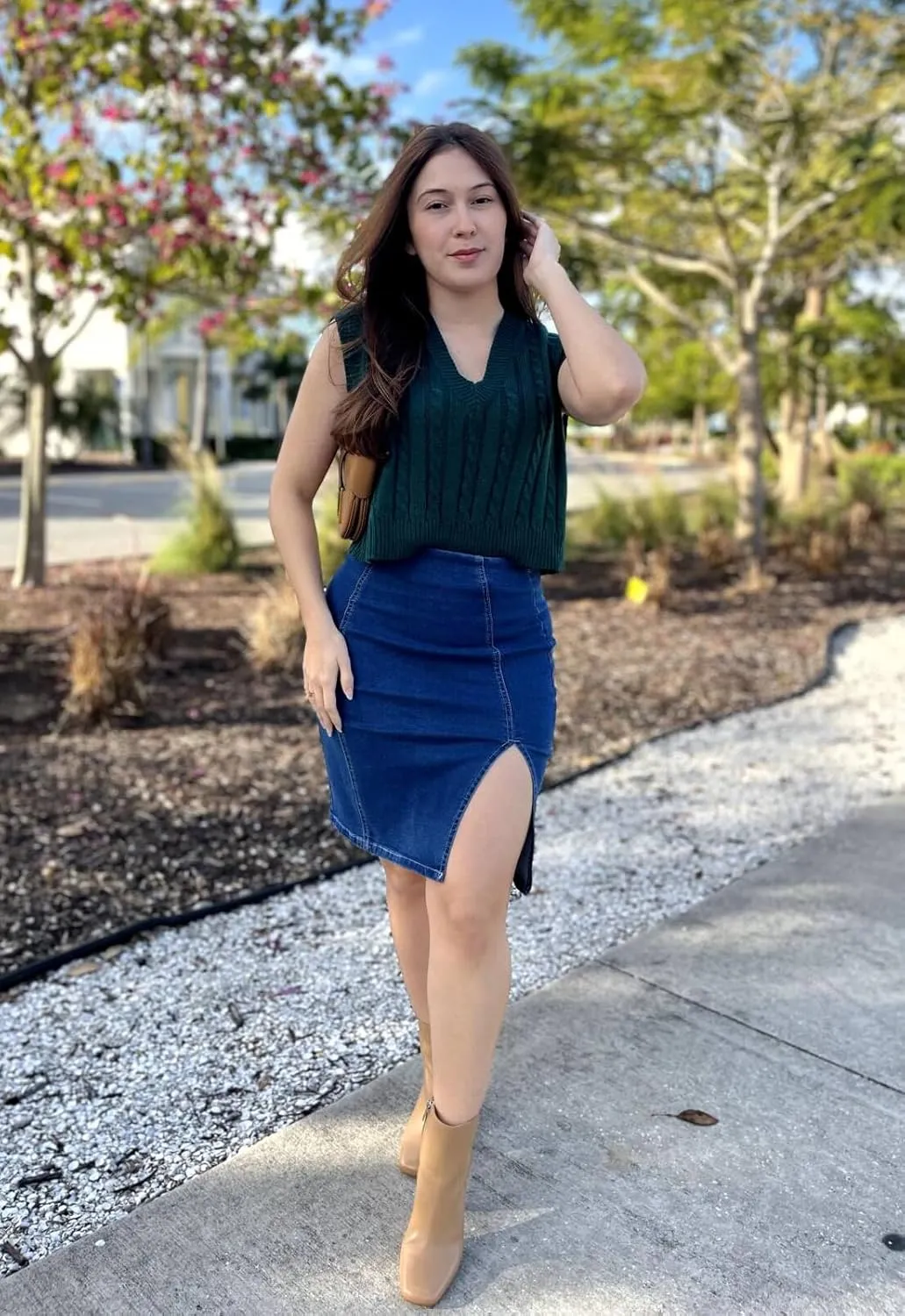 Womens Denim Pencil Skirt High Waisted Knee Length Side Split Hem Stretch Jean Skirts for Women