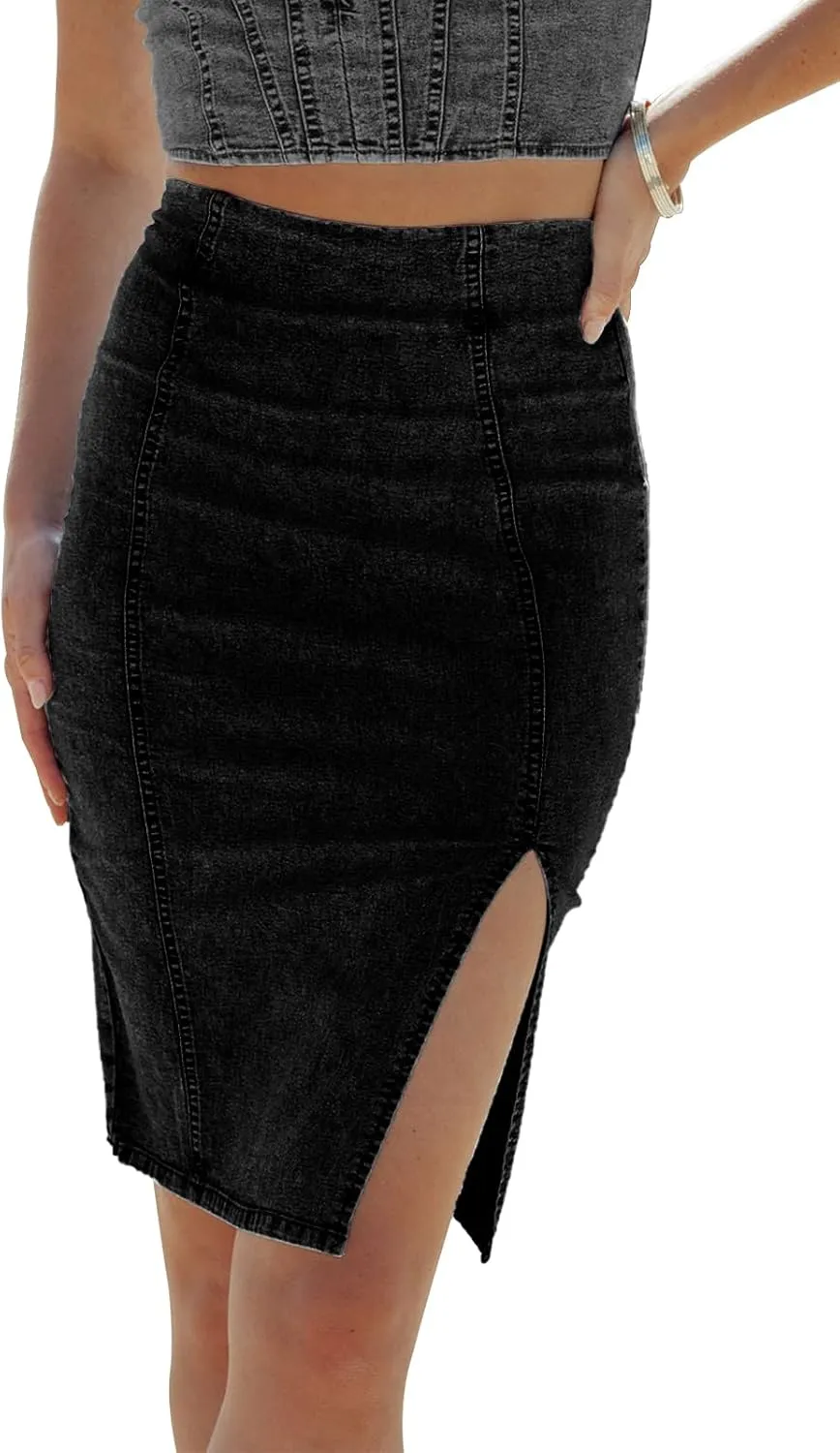 Womens Denim Pencil Skirt High Waisted Knee Length Side Split Hem Stretch Jean Skirts for Women