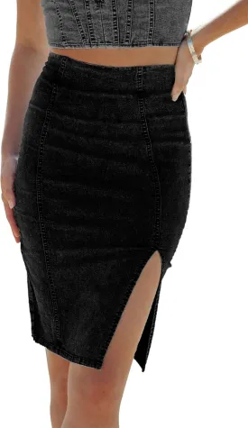 Womens Denim Pencil Skirt High Waisted Knee Length Side Split Hem Stretch Jean Skirts for Women