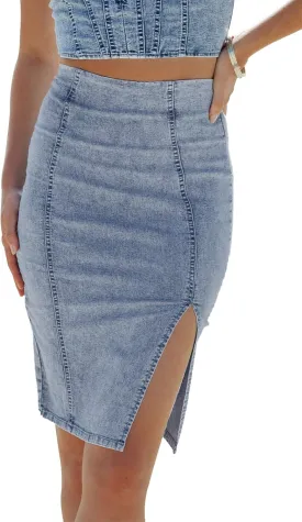 Womens Denim Pencil Skirt High Waisted Knee Length Side Split Hem Stretch Jean Skirts for Women